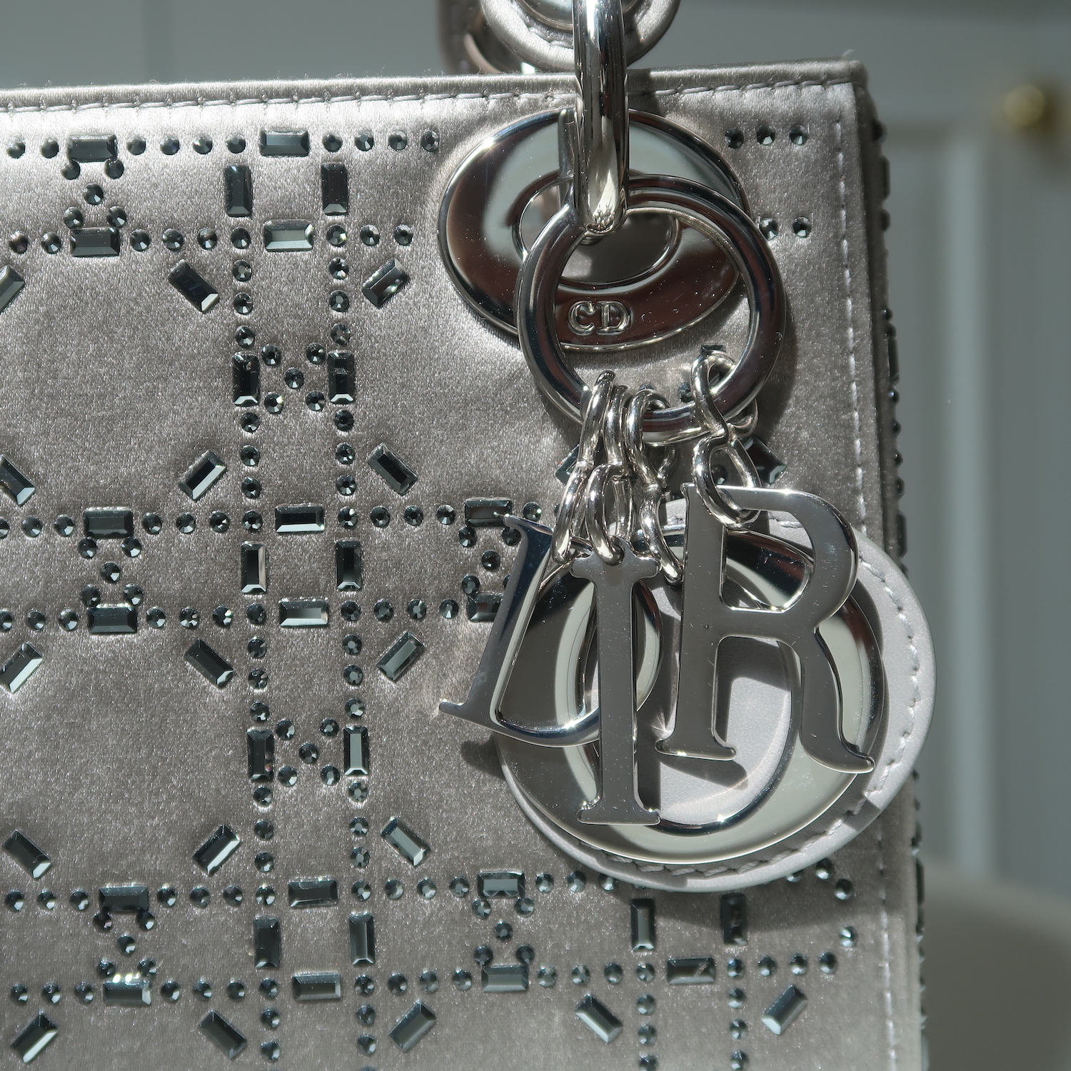 Christian Dior Grey Strass Cannage Satin Mini Lady Dior SHW
