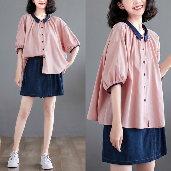 เสื้อทีเชิ้ตคนอ้วนผู้หญิงสไตล์คอตตอนลินินมีไซต์อก 47-48 นิ้ว