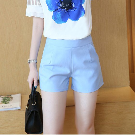 Shorts506 กางเกงขาสั้นซิปหลังกระเป๋าข้างผ้าโพลีเนื้อดีสีพื้นฟ้าพาสเทล งานน่ารักแมทช์กับเสื้อตัวไหนก็สวย