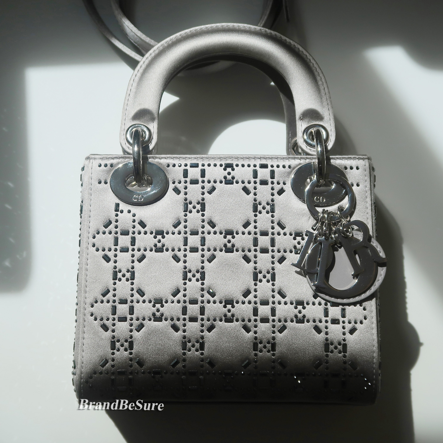 Christian Dior Grey Strass Cannage Satin Mini Lady Dior SHW