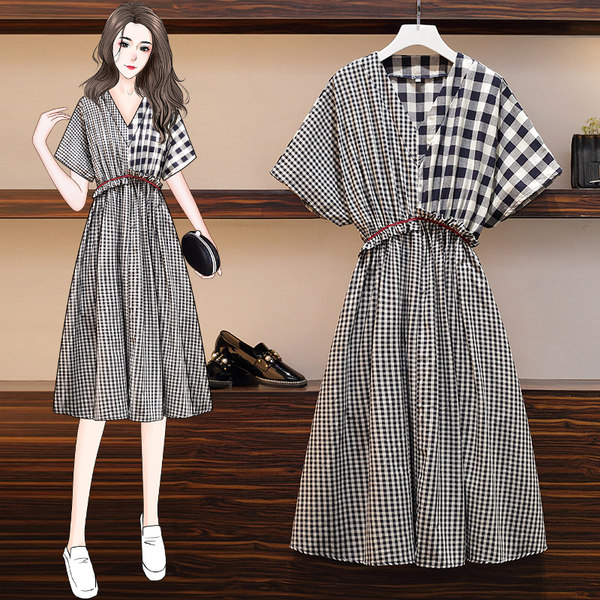 เดรสคนอ้วน เดรสสาวอวบ ชุดเดรสคนอ้วนวัยรุ่น เดรสลายสก็อตแต่งเข็มขัด BY PLUS SIZE Girl