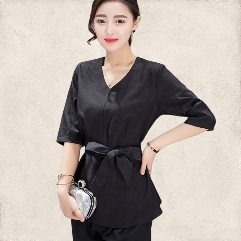 Blouse3829 เสื้อตัวยาวคอวีแขนสามส่วนสีพื้น ผ้าคอตตอนลินินเนื้อดีหนามีน้ำหนักอยู่ทรงสวย งานสวยหรูดูแพง ผ้าสวยเกินราคา แมทช์กับกางเกงได้หลายแบบ มี 2 สี ดำ, เทา