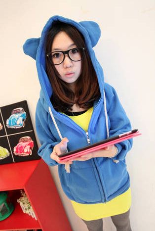 **มีตำหนิ เสื้อกันหนาวฮู้ดดี้ แฟชั่นเกาหลี หูหมี น่ารัก สีฟ้า