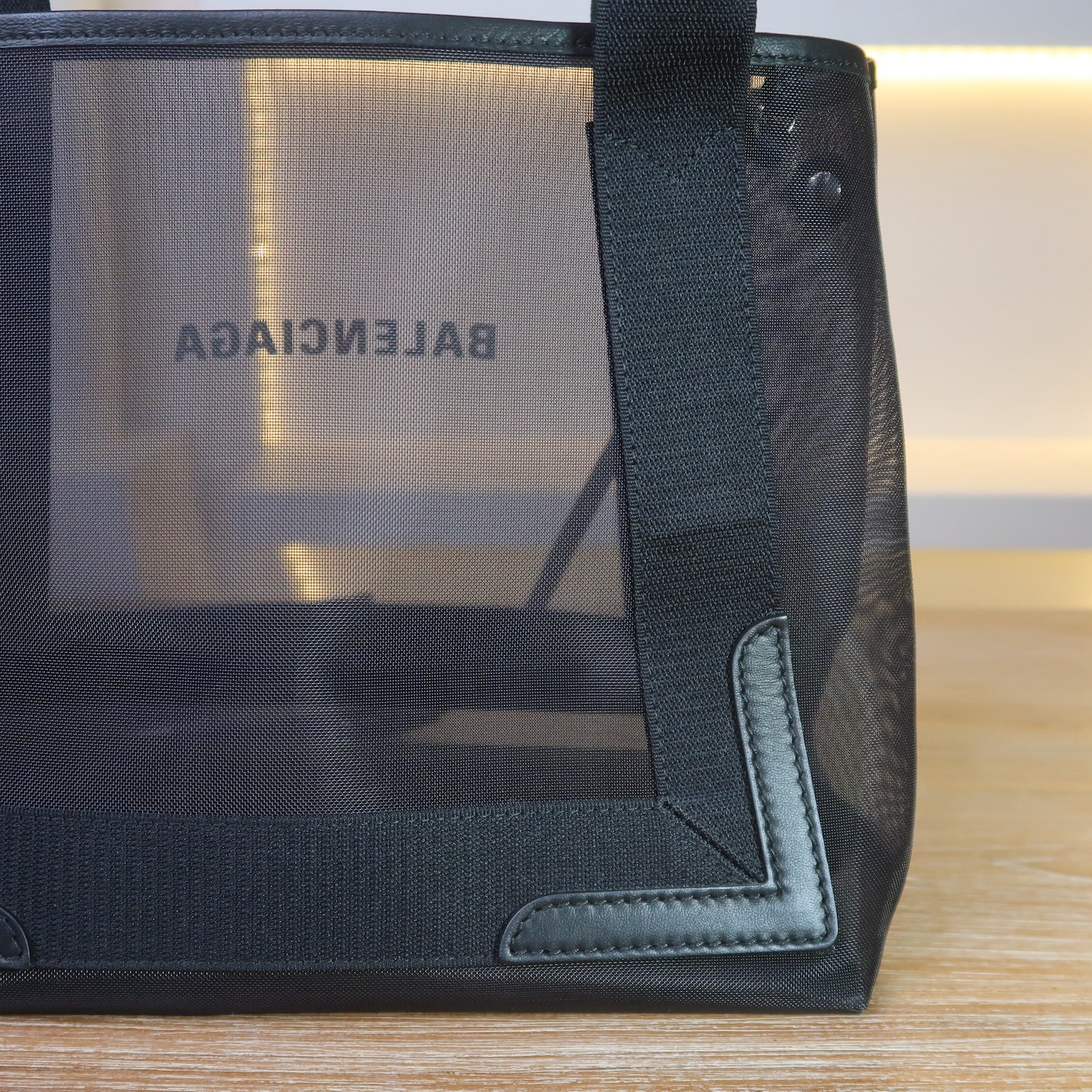 Balenciaga Black Mesh/Calfskin Logo Cabas S Tote Bag