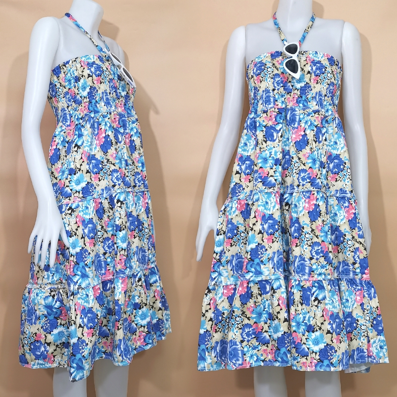 Dress4748 เดรสยาวสม็อครอบอก ใส่เป็นกระโปรงได้ มีสายผูกคอ ผ้าคอตตอนยีนส์, ผ้าสกินนี่เนื้อดี งานสวยคลาสสิคดูดีดูน่ารักทรงนี้มีติดตู้ไว้ใส่ได้เรื่อยๆ