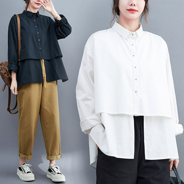 เสื้อทีเชิ้ตคนอ้วนผู้หญิงสไตล์คอตตอนลินินมีไซต์อก 47-48 นิ้ว