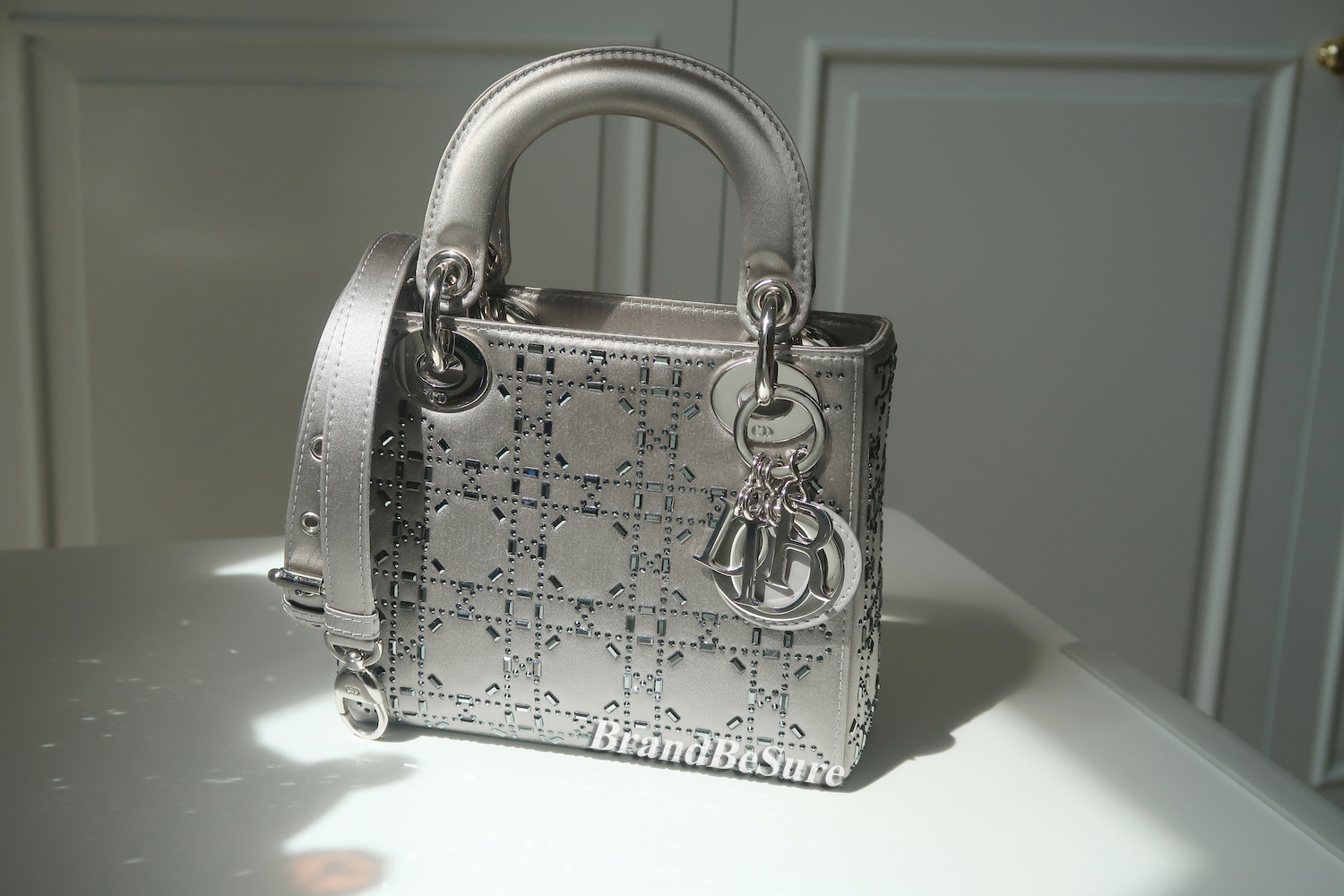 Christian Dior Grey Strass Cannage Satin Mini Lady Dior SHW