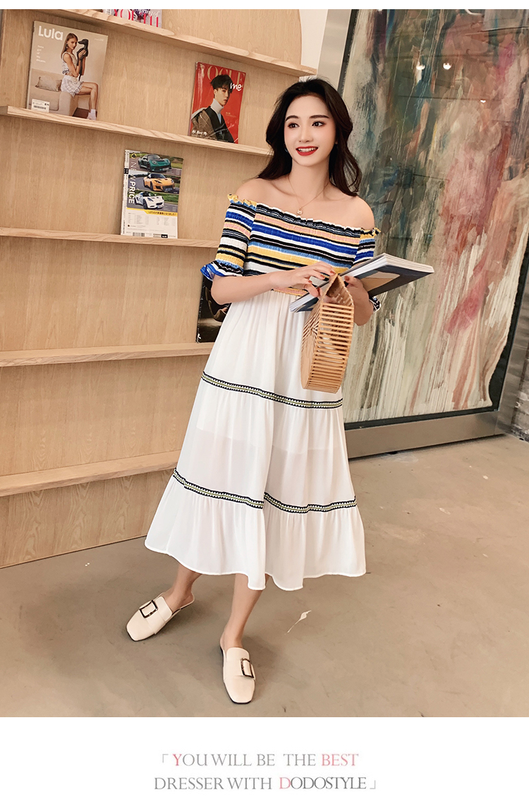 Dress4586 เดรสยาวเปิดไหล่สม็อครอบอกและเอว ช่วงบนผ้าคอตตอนลายริ้วโทนสีคัลเลอร์ฟูล ตัดต่อกระโปรงชีฟองเนื้อดีหนามีน้ำหนักสีขาวตกแต่งด้วยแถบเส้นลายกราฟฟิคดูมีดีเทล มีซับในอย่างดี งานเกรดพรีเมียมดูสวยแพง