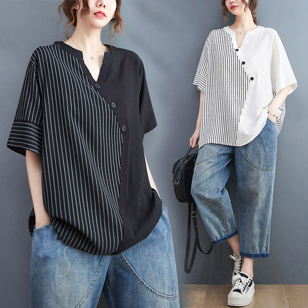 เสื้อลินินคนอ้วน เสื้อทีเชิ้ตคนอ้วนผู้หญิง เสื้อทีเชิ้ตตัวใหญ่ By Literary Plus size