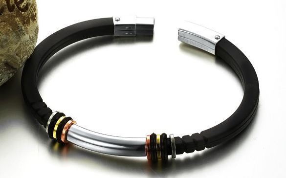 สร้อยข้อมือผู้ชาย กำไลข้อมือผู้ชาย สาย สแตนเลส ผสานกับ silicone แท้สีดำ สลับ ทอง เงิน นาก เรียบหรู มีสไตล์ no 856357