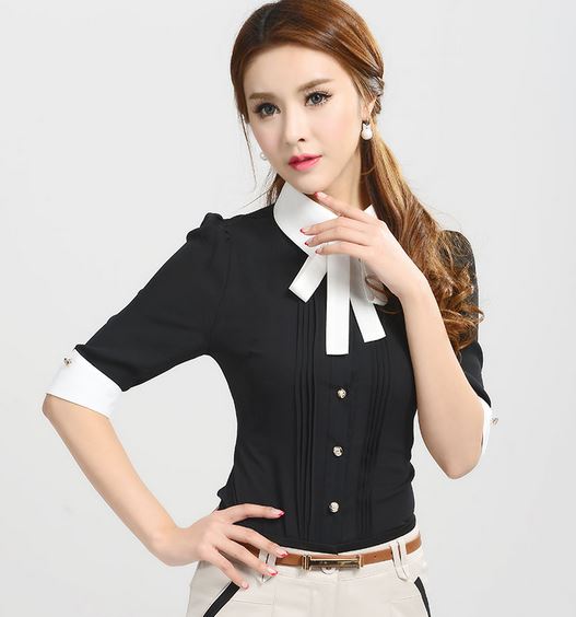 เสื้อแฟชั่น เสื้อผู้หญิง ใส่ทำงาน เสื้อทำงาน แขนสามส่วน สีดำ แต่งโบว์ที่คอ ตัดด้วยสีขาว กระดุมหน้า เสื้อเชิ้ต สีดำ ใส่ทำงาน 477467_1