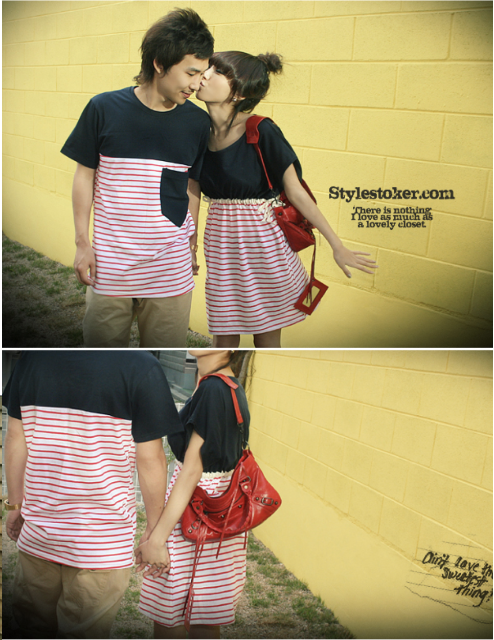 ชุดคู่รัก เกาหลี สีกรม+ขาวแดง ชุดผู้หญิงทรงน่ารัก ราคา/คู่ ตามรูป ช/ญ (ราคารวม)