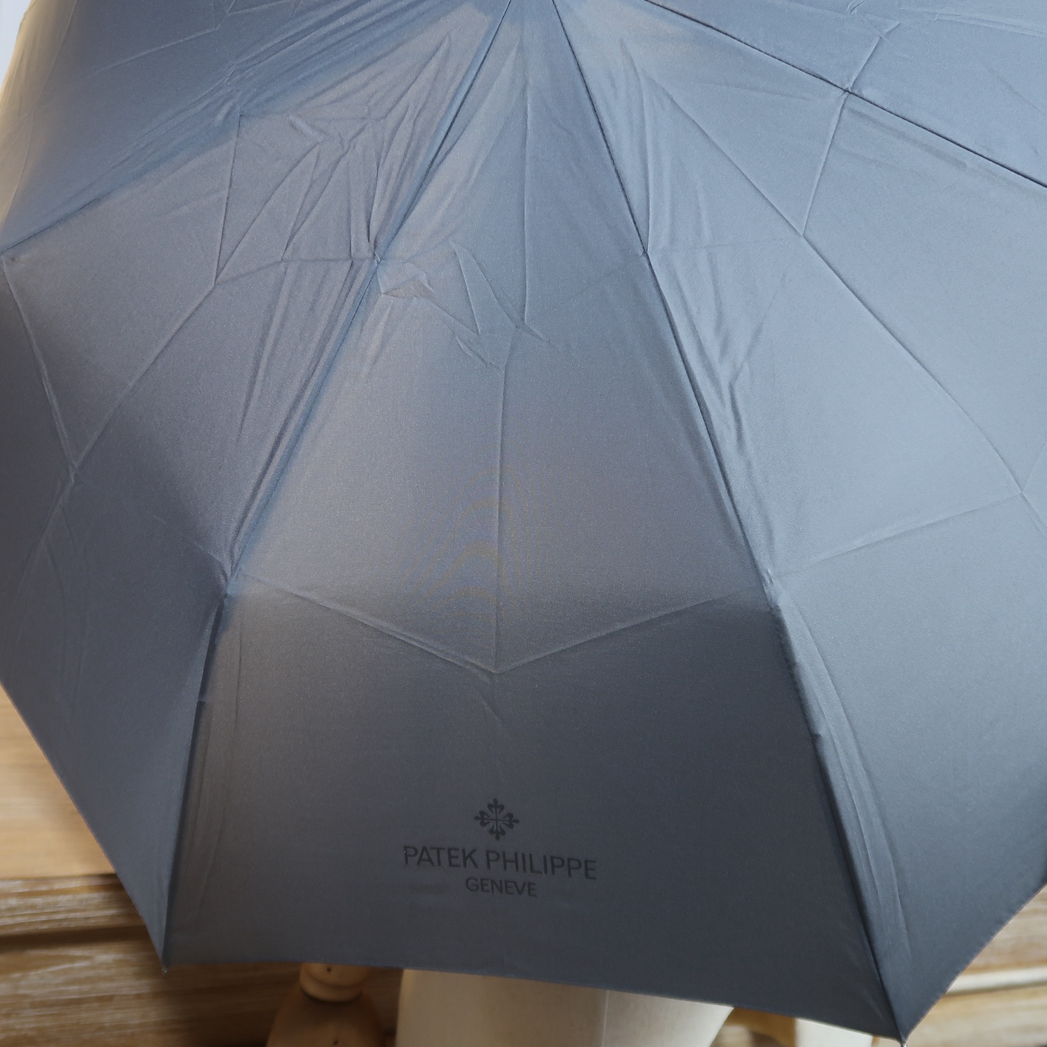 Patek Phillipe Grey Synthetic Fabric Wooden Handle Folding Umbrella