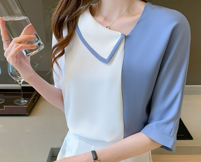 เสื้อแฟชั่น ผู้หญิง เสื้อ คอปาด ผ้าซีฟอง สีทูโทน แบบสวย ดีไซน์ คอปาด สวยเก๋ สีฟ้า และ สีเขียว 540227