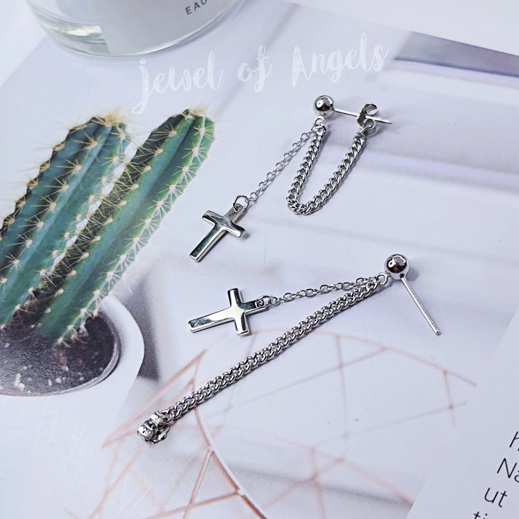 ต่างหูเงินแท้ S925 รุ่น Believe ต่างหูก้านเสียบ แต่งโซ่กางเขน เงินแท้ทั้งชิ้น Silver925 ตุ้มหูเงินแฟชั่น