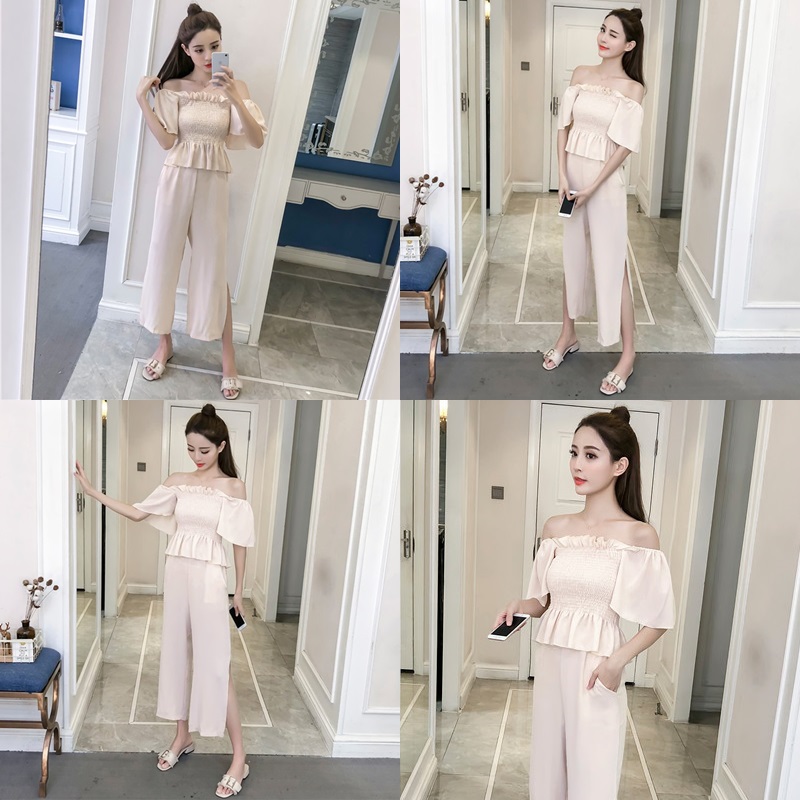 Set_bt1800 ชุดเซ็ท 2 ชิ้น(เสื้อ+กางเกง) เสื้อเปิดไหล่สม็อครอบอกแขนทรงปล่อย+กางเกงขายาวเอวยางยืดผ่าชายเล็กน้อยเพื่อความคล่องตัว มีกระเป๋าข้าง ผ้าชีฟองเกรดพรีเมียมเนื้อดีหนานุ่มมีน้ำหนักใส่สบายไม่ยับง่าย งานน่ารักเก๋ๆ ใส่เที่ยว/ใส่ทำงานได้