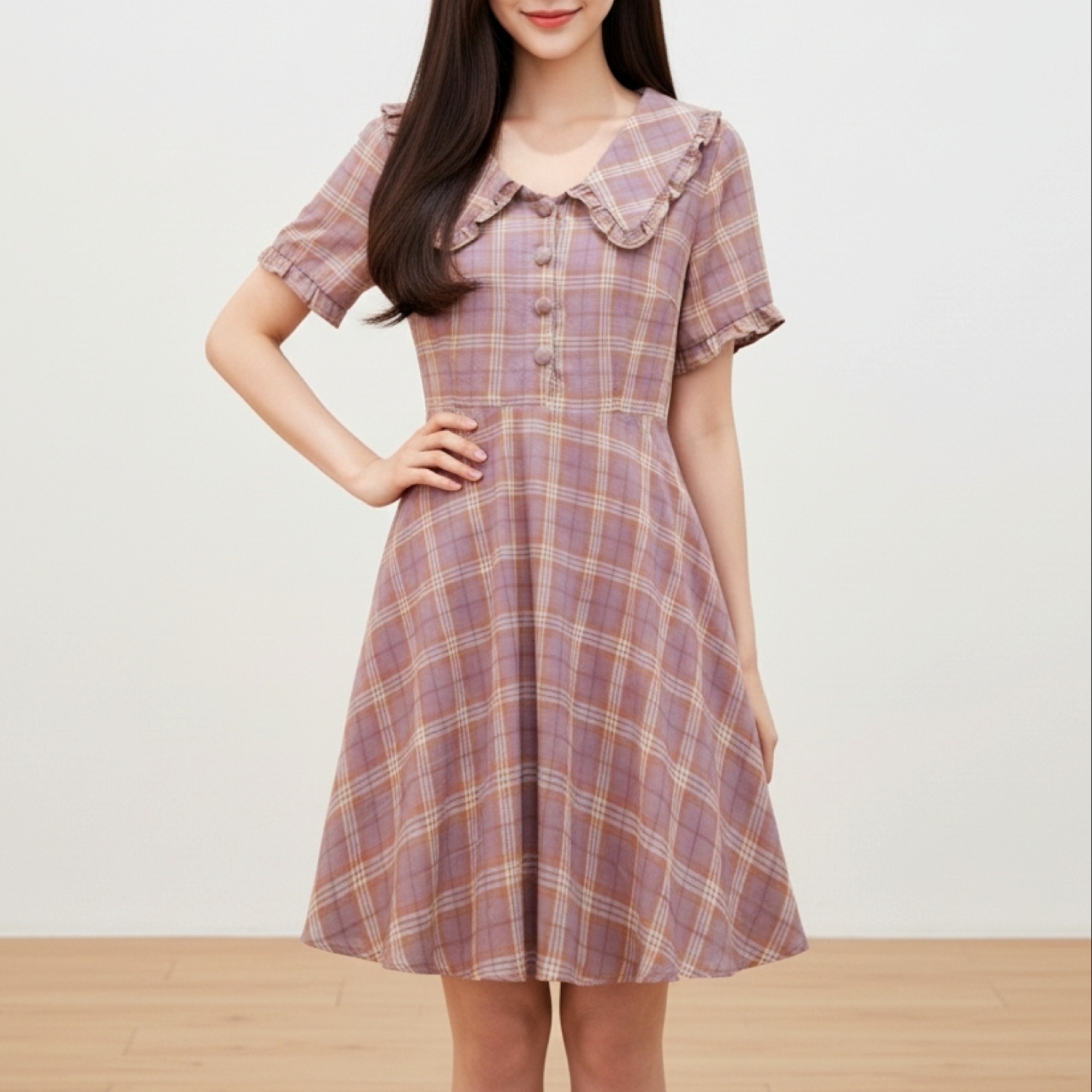 👗 Dress4592 เดรสลายสก็อตผ้าโพลีเนื้อนุ่ม ช่วยขับลุคให้อ่อนหวานละมุนดูน่าทะนุถนอมและดูน่ามองเป็นพิเศษ ด้วยโทนชมพูอมม่วงสไตล์ญี่ปุ่นแมทช์ได้หลายโอกาส