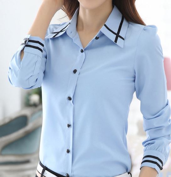 เสื้อเชิ้ตผู้หญิง เสื้อเชิ้ตแขนยาว ใส่ทำงาน เสื้อเชิ้ต สีฟ้า สีขาว ตัดเส้น สีดำ สวย ไซต์ใหญ่ ถึง 5 xl 408558