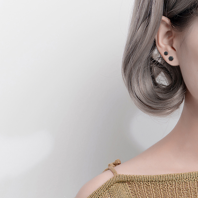 ต่างหูเงินแท้S925 รุ่น Glossy ต่างหูก้านเสียบ รูป6เหลี่ยม 3.6mm 4.8mm สีเงิน สีดำ เงินแท้ทั้งชิ้น Silver925