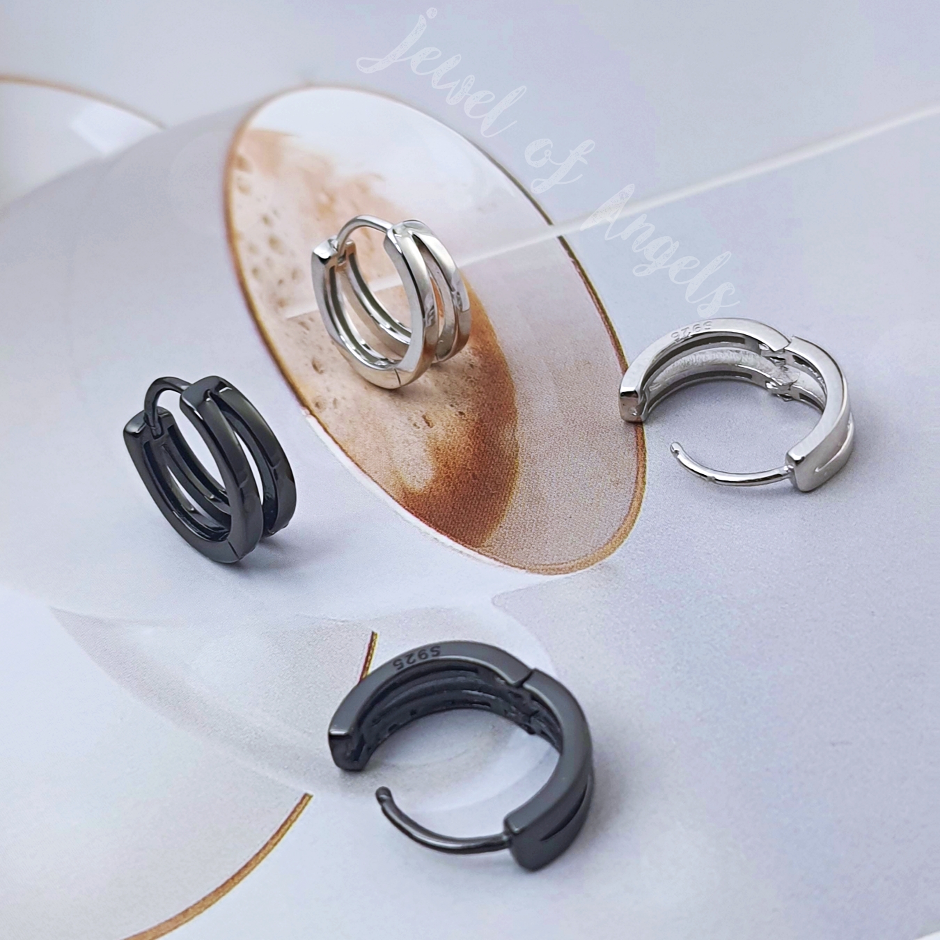 ต่างหูห่วงเงินแท้ S925 รุ่น Twin ห่วง2แฉก สีเงิน สีดำ สูง13mm ตุ้มหูห่วง เงินแท้ทั้งชิ้น Silver925