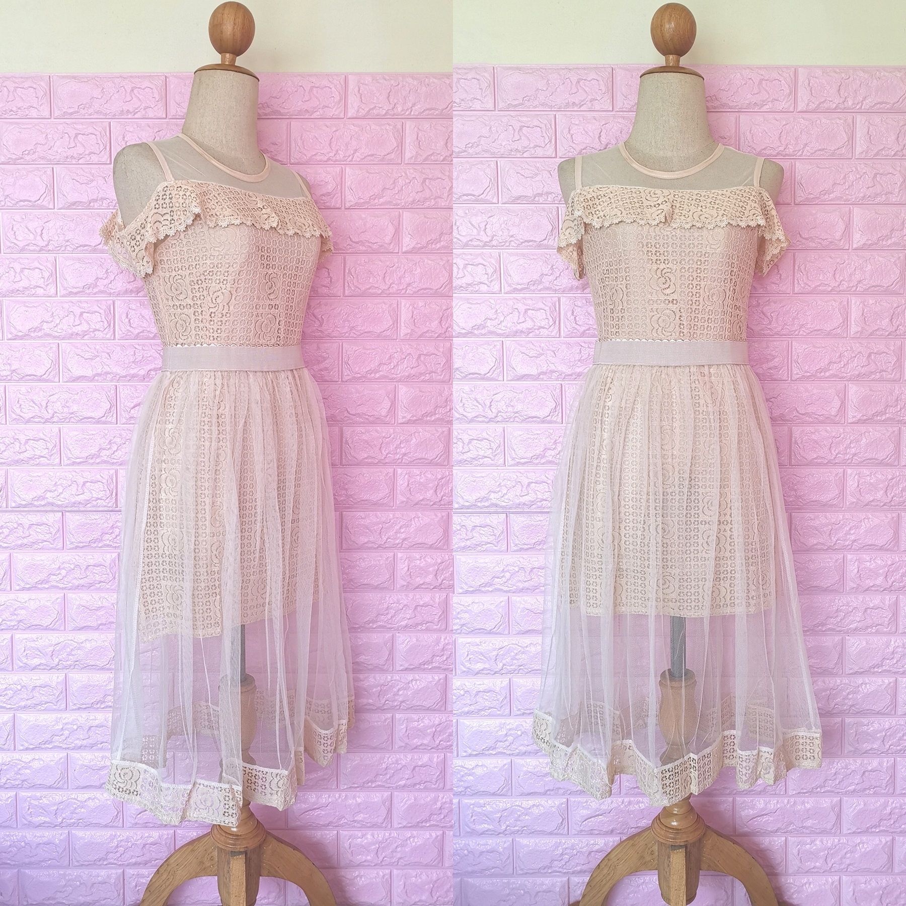 Dress4750 เดรสลูกไม้สีครีมเว้าไหล่แต่งระบาย มีกระโปรงผ้ามุ้งเอวยืดชายลูกไม้