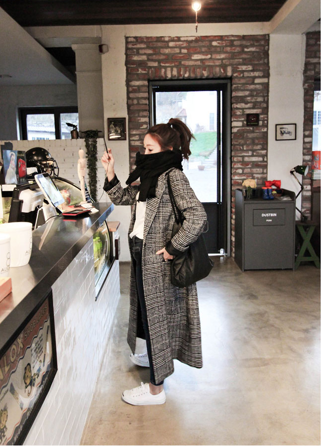 Korea Minimal Coat เสื้อคลุมกันหนาว ตัวยาว37" สไตล์เกาหลี ผ้าทอลายสก๊อต บุซับในกันลม