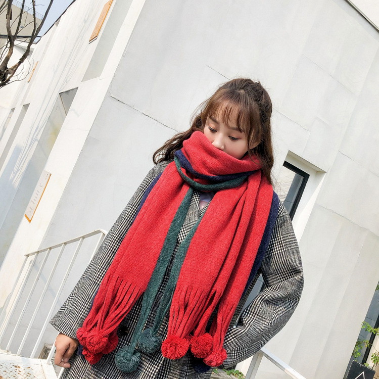 ผ้าพันคอไหมพรมเนื้อนุ่ม แต่งแถบสี ชายผ้ามีลูกเล่นน่ารัก สไตล์เกาหลี พร้อมส่ง same pic