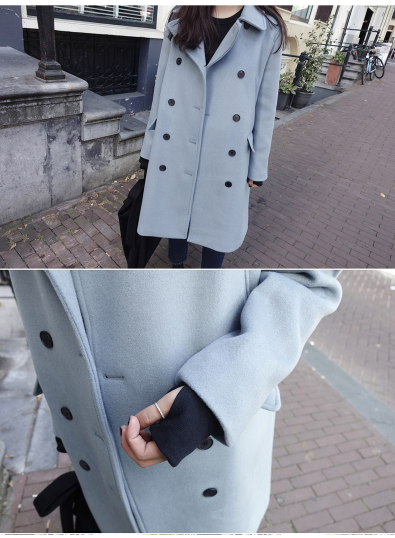 OverCoat เสื้อโค้ทกันหนาว สไตล์เกาหลี สีฟ้าอ่อน ตัวยาวแต่งกระดุมสองแถว บุซับในฟกันลม พร้อมส่ง สีฟ้าอ่อน L