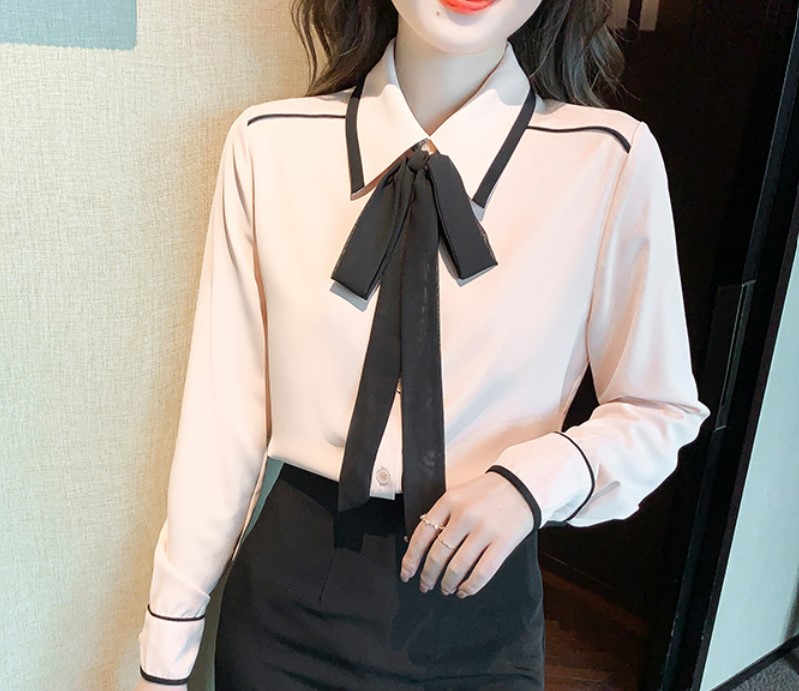 เสื้อเชิ้ตผู้หญิง เสื้อเชิ้ต แขนยาว พร้อม โบว์ สีดำ แบบสวย ตัดลายเส้น มีมิติ เสื้อเชิ้ต คอปก แบบสวย ๆ 751088