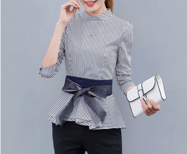 เสื้อเชิ้ตผู้หญิง เสื้อเชิ้ตแขนยาว ใส่ทำงาน แฟชั่นดีไซน์ สำหรับ สาวหุ่นดี มีเอว ดีไซน์ ผ้าคาดเอว แบบสาวมั่น ลุ๊คเท่ ๆ 753169