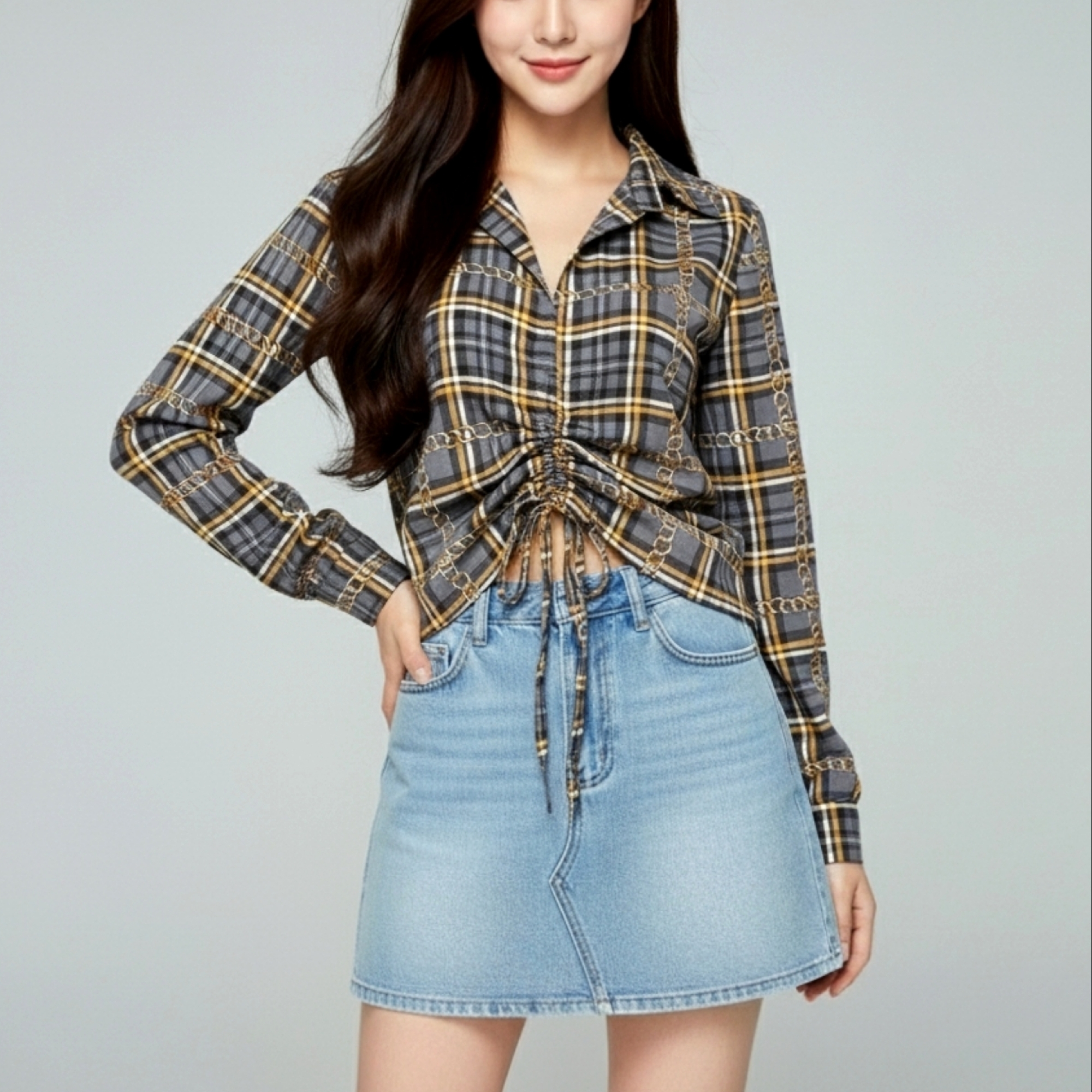 👚 Blouse3950-Grey เสื้อเชิ้ตแขนยาวลายสก็อตโทนสีเทาผ้าชีฟองเนื้อหนา ดีไซน์ผูกเชือกรูดหน้าเก๋ ทรงดูดีสไตล์พรีเมียม ใส่ง่ายได้ทุกโอกาส