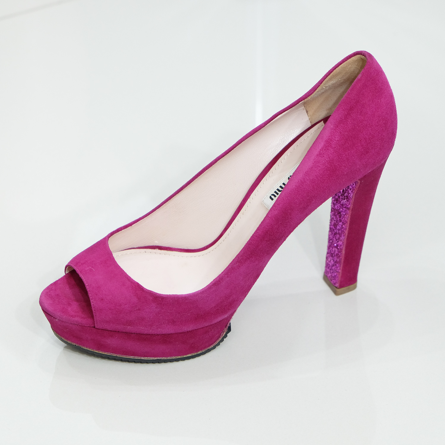 Miu Miu Fushia Pink Suede (Goat) Peep Toes Glitter Heel 5.5" Size 40