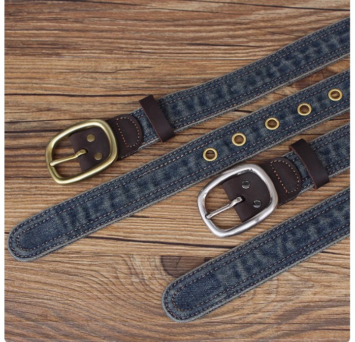 เข็มขัดยีนส์ เข็มขัดผ้ายีนส์ ผสมผสาน กับหนังแท้ เจาะรูสีทอง แบบเท่ ๆ เข็มขัดยีนส์ ใส่เที่ยว แฟชั่น เท่ ๆ 904055