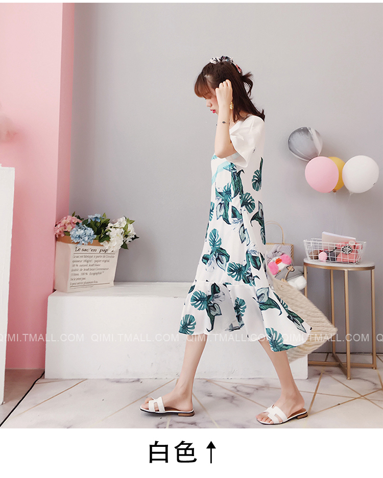 Dress4547 เดรสยาวสีขาวลายดอกไม้สีเขียว ชายระบาย งานตัดเย็บอย่างดีมีซับในทั้งชุด ผ้าชีฟองเกรดพรีเมียมเนื้อดี