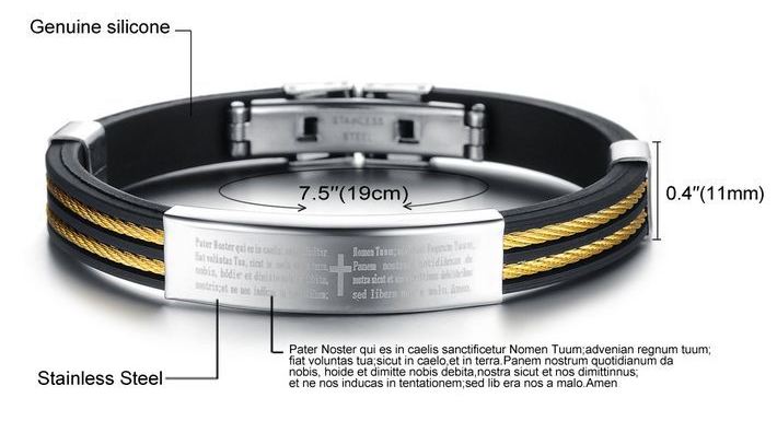 สร้อยข้อมือผู้ชาย กำไลข้อมือผู้ชาย สาย silicone สีดำ แต่งด้วย Stainless steel สลักไม้กางเขน ร้อยด้วย โซ่ทอง no 384208