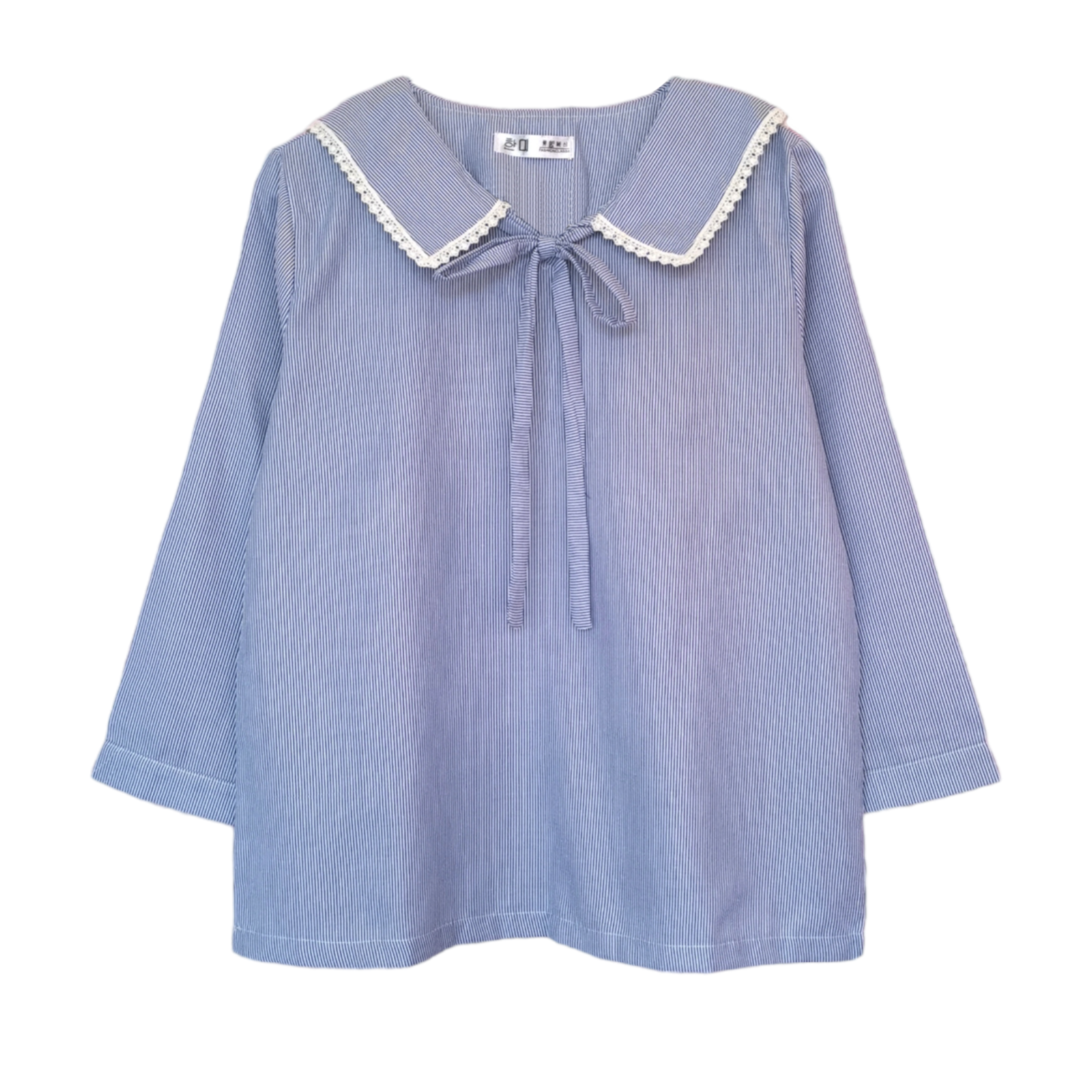 Blouse3748 เสื้อแฟชั่นแขนสามส่วน คอปกแต่งลูกไม้ ผ้าคอตตอนเนื้อดีลายริ้วเล็กโทนสีฟ้าขาว งานน่ารักแมทช์กับกระโปรงหรือกางเกงก็น่ารักไม่แพ้กัน