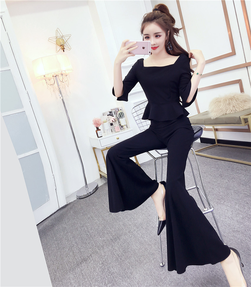 Set_bt1733 ชุดเซ็ท(เสื้อ+กางเกง) เสื้อคอเหลี่ยมชายระบายแขนสามส่วนซิปหลังใส่ง่าย กางเกงขายาวชายบาน เอวสม็อคยางยืดหลัง ผ้าโพลีเนื้อดีหนามีน้ำหนักยืดหยุ่นได้ งานดีทรงดีเรียบหรู ใส่แล้วดูสวยแพง มี 2 สี ดำ, ไวน์แดง