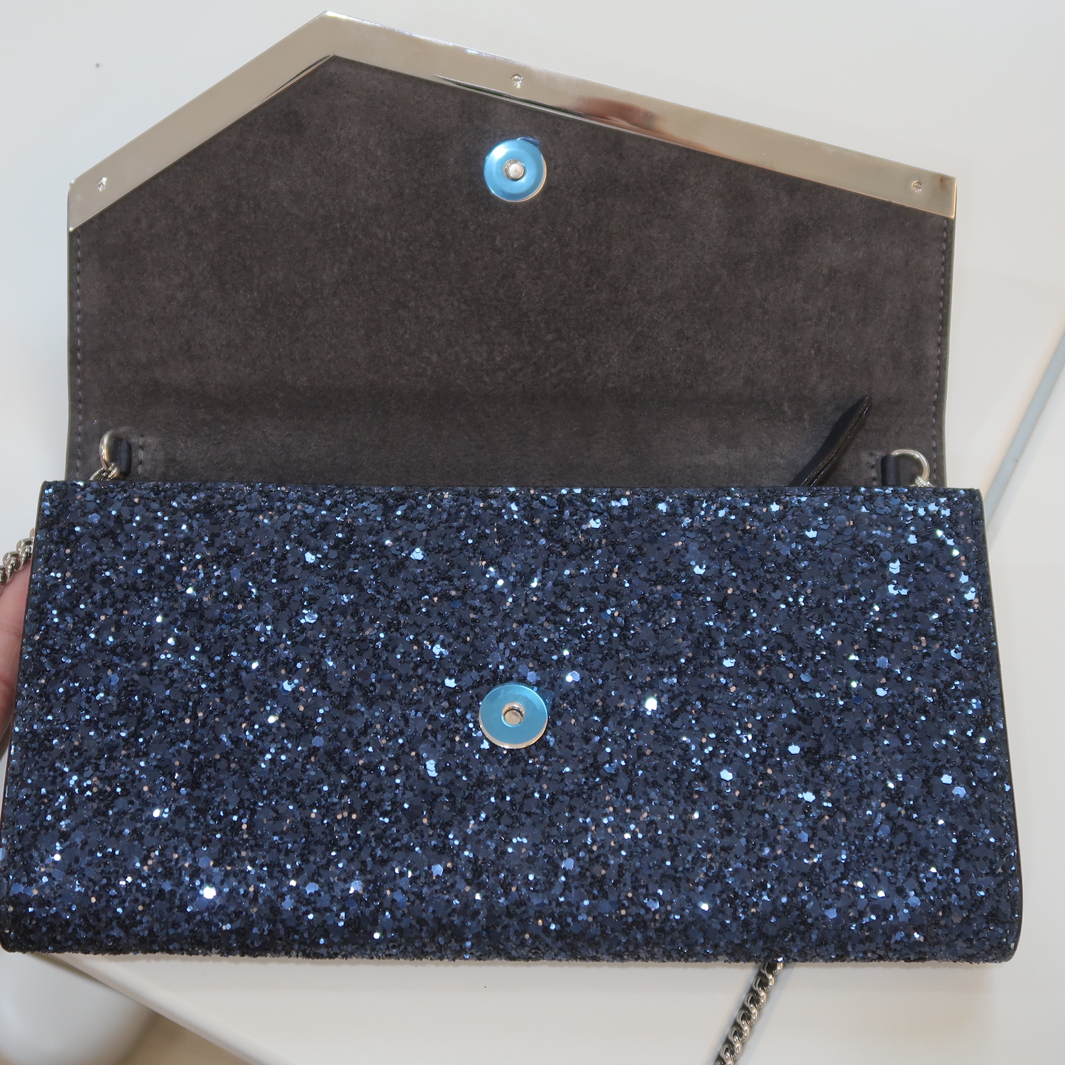 Jimmy Choo Blue Metallic Emmie Chain Wallet
