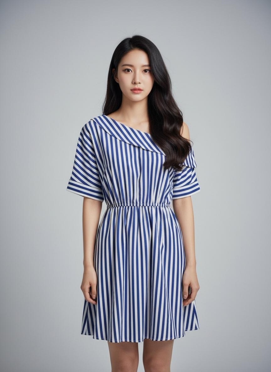 👗 Dress4305 เดรสลายทางสีน้ำเงิน-ขาว ดีเทลเปิดไหล่เพิ่มเสน่ห์เล็กๆ ให้ลุคดูสดใสทันสมัย