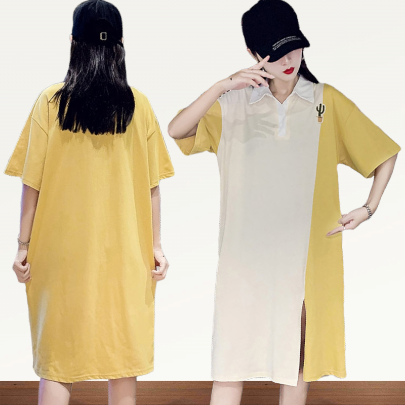 Dress4519 เดรสทรงโอเวอร์ไซส์เดรสสาวอวบคอปกสีเหลืองครีม อกปักกระบองเพชร ผ้าคอตตอนเนื้อดีนุ่มยืดหยุ่นสูงใส่สบาย ผ่าหน้าเล็กน้อยเพื่อความคล่องตัว งานสวยใส่ง่ายน่ารักมาก