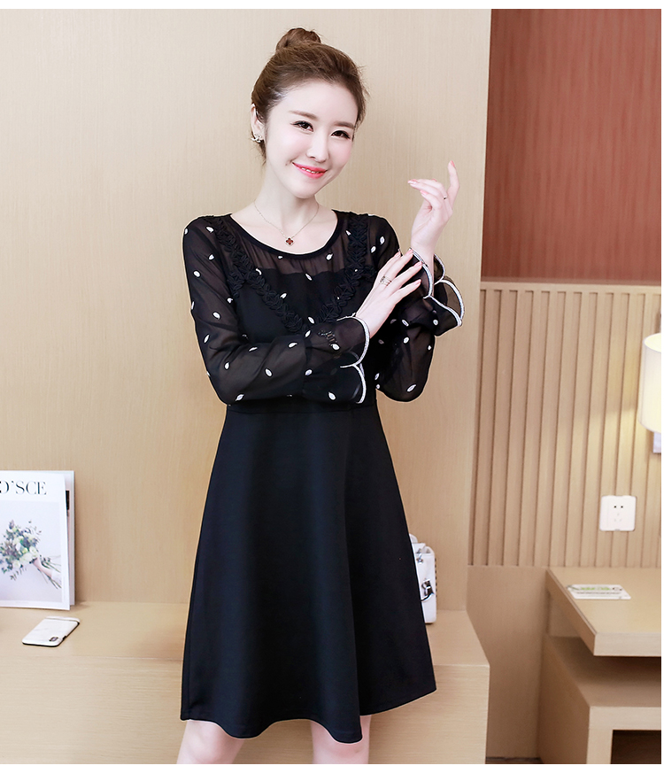 Dress4475 เดรสแขนยาวสีดำ ดีเทลช่วงอกและแขนเป็นผ้าชีฟองปักลายใบไม้เล็กๆ ผ้าไมโครเนื้อดีมีน้ำหนักยืดหยุ่นได้ งานดีทรงสวย