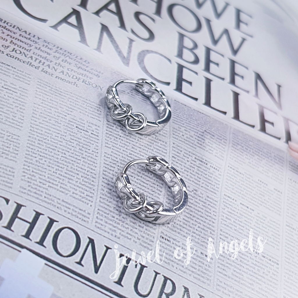 ต่างหูห่วงเงินแท้ S925 รุ่น Metal Robe ห่วงลายโซ่ แต่งห่วงด้านข้าง ตุ้มหูห่วง ผู้ชาย สีเงิน Silver925