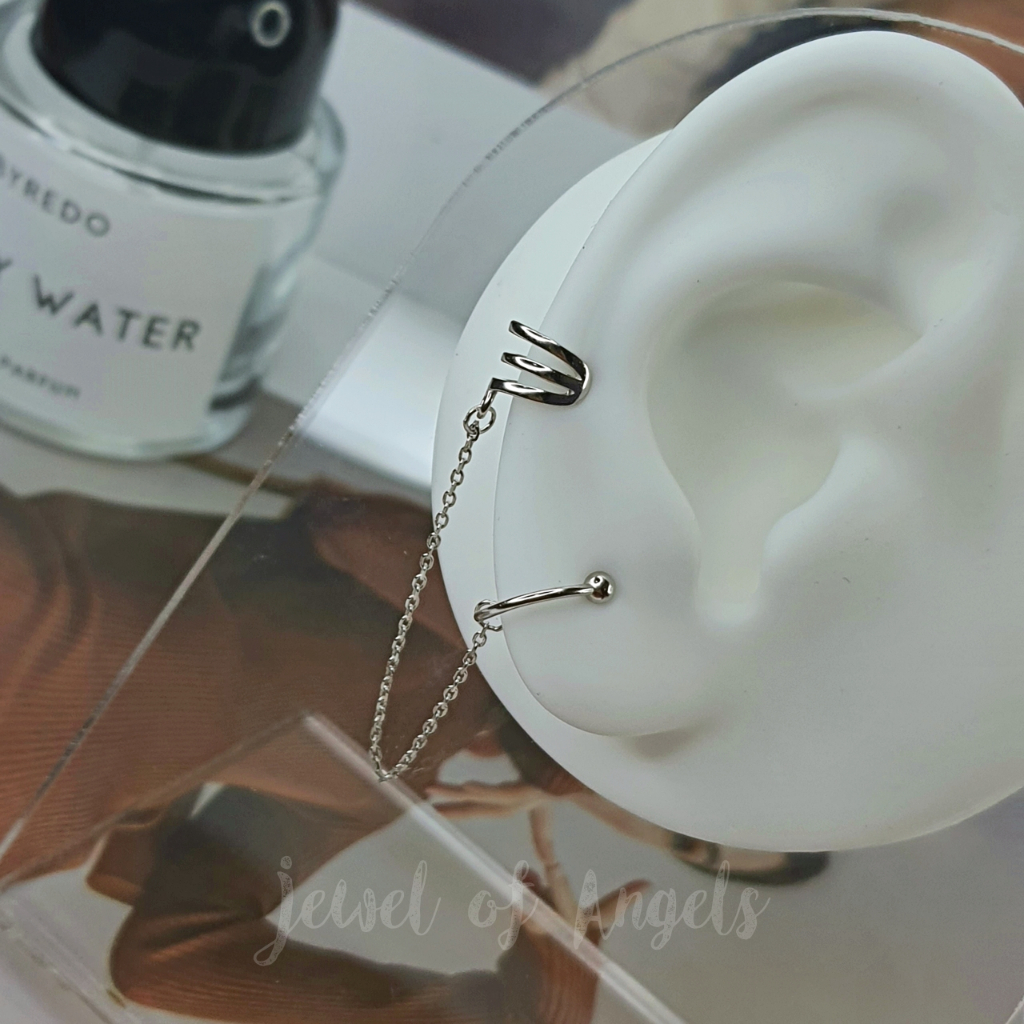 ต่างหูหนีบ Ear Cuff รุ่น Clound เงินแท้S925 ต่างหูคลิปหนีบห่วงและ3แฉก แต่งโซ่ สีเงิน Silver925