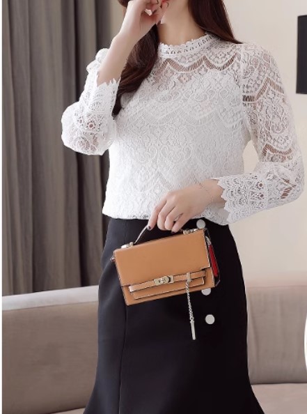 เสื้อผ้าลูกไม้ แขนยาว เสื้อแฟชั่น ผู้หญิง แบบหวาน ๆ ลุ๊ค คุณหนู เสื้อลูกไม้ แบบปิดคอ ลายดอกไม้ ใส่ออกงาน ทำงาน 680988