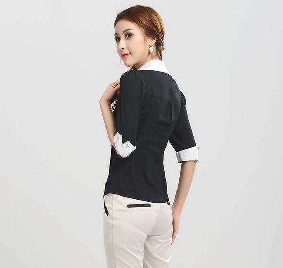 เสื้อแฟชั่น เสื้อผู้หญิง ใส่ทำงาน เสื้อทำงาน แขนสามส่วน สีดำ แต่งโบว์ที่คอ ตัดด้วยสีขาว กระดุมหน้า เสื้อเชิ้ต สีดำ ใส่ทำงาน 477467_1