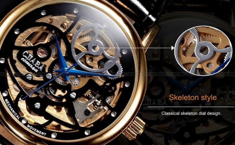 นาฬิกาโชว์กลไก นาฬิกาข้อมือเปลือย Mechanical watch นาฬิกาข้อมือผู้ชาย แบบโชว์กลไก สายหนังสีดำ หน้าปัดดำ ตัดด้วยเข็มสีน้ำเงิน 98801