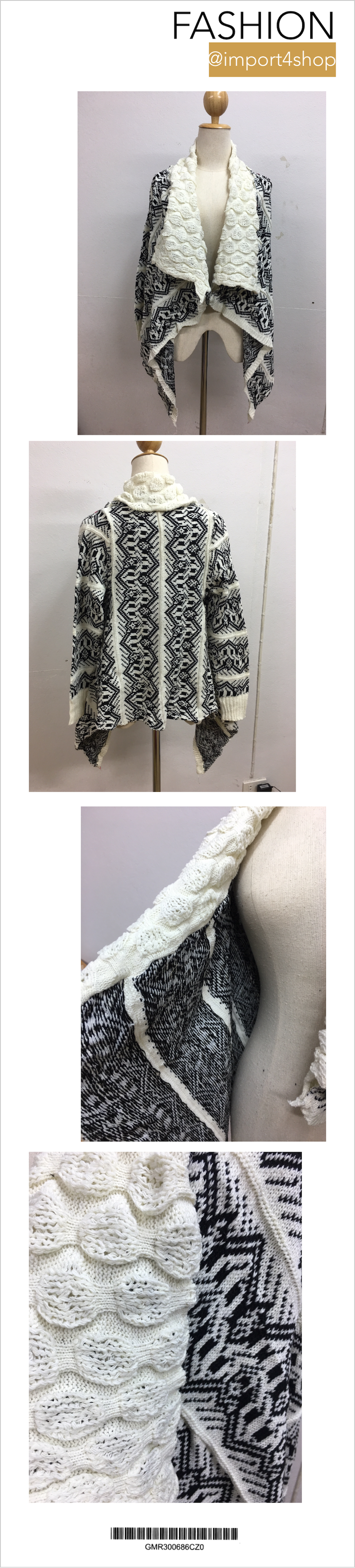 เสื้อกันหนาวไหมพรมถัก ทรงสวย ดูดีมากค่ะ สีครีมดำ ผู้ดีมากๆ ครีม