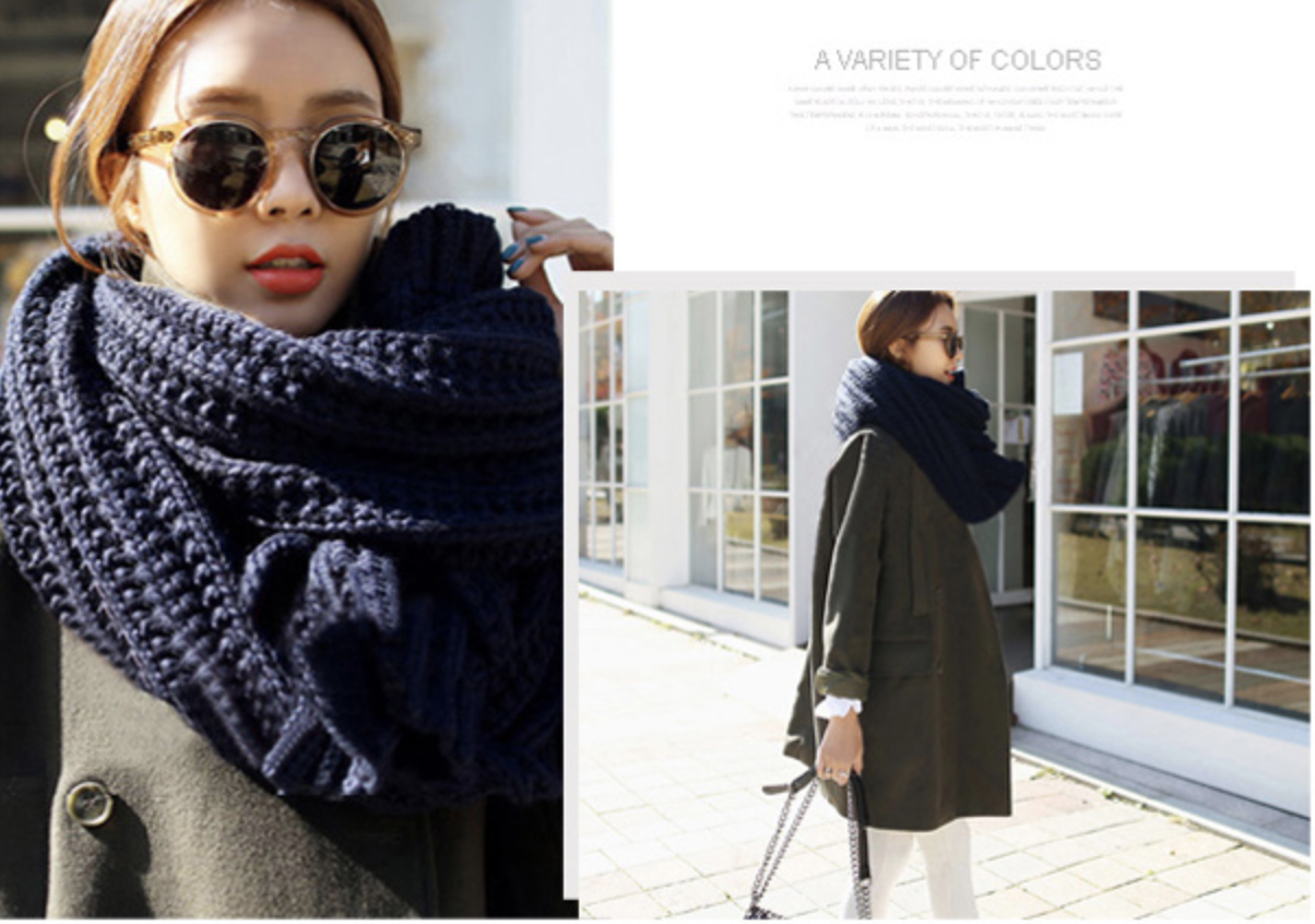 ผ้าพันคอ ไหมพรม เกาหลี สีกรมท่า ลายถักใหญ่ มิกกับชุดไหนก็สวย พร้อมส่ง กรมท่า