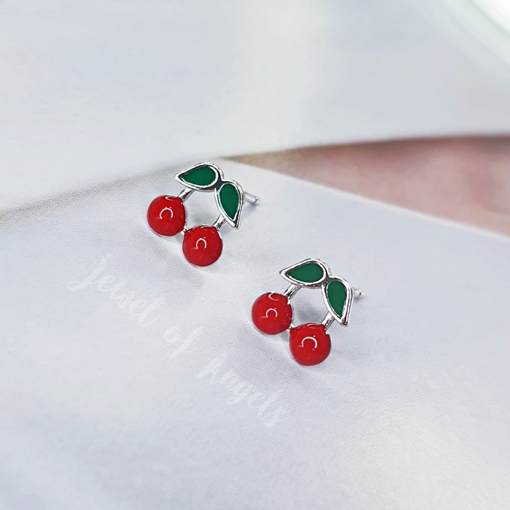 ต่างหูเงินแท้ S925 รุ่น Cerise ต่างหูแป้น รูปเชอร์รี่ สีแดงเข้ม เงินแท้ทั้งชิ้น Silver925 ตุ้มหูเงินแฟชั่น