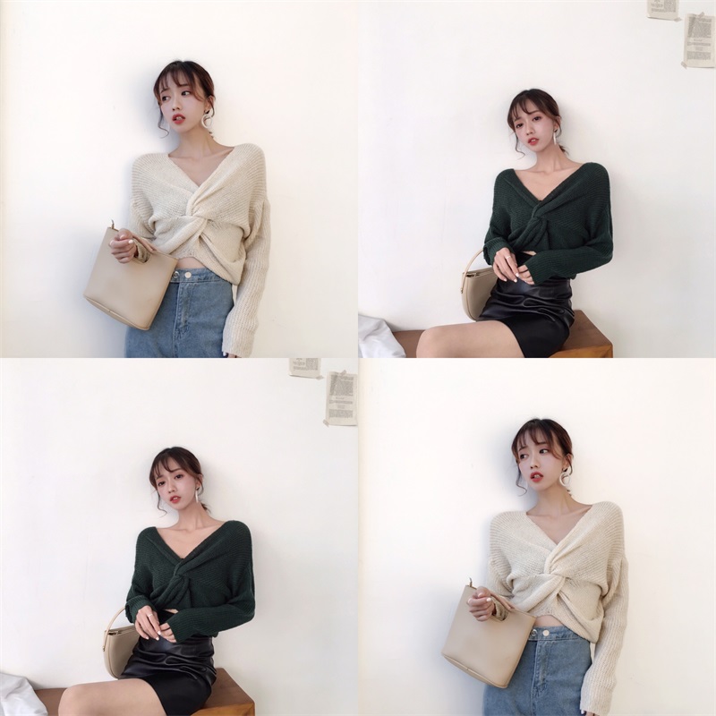 เสื้อแฟชั่นไหมพรม แขนยาว ดีไซน์เก๋ ตัวสั้น แต่งไขว้ ใส่ได้ทั้ง 2 ด้าน แอบเซ็กซี่เล็กๆ มีหลายสีจ้า